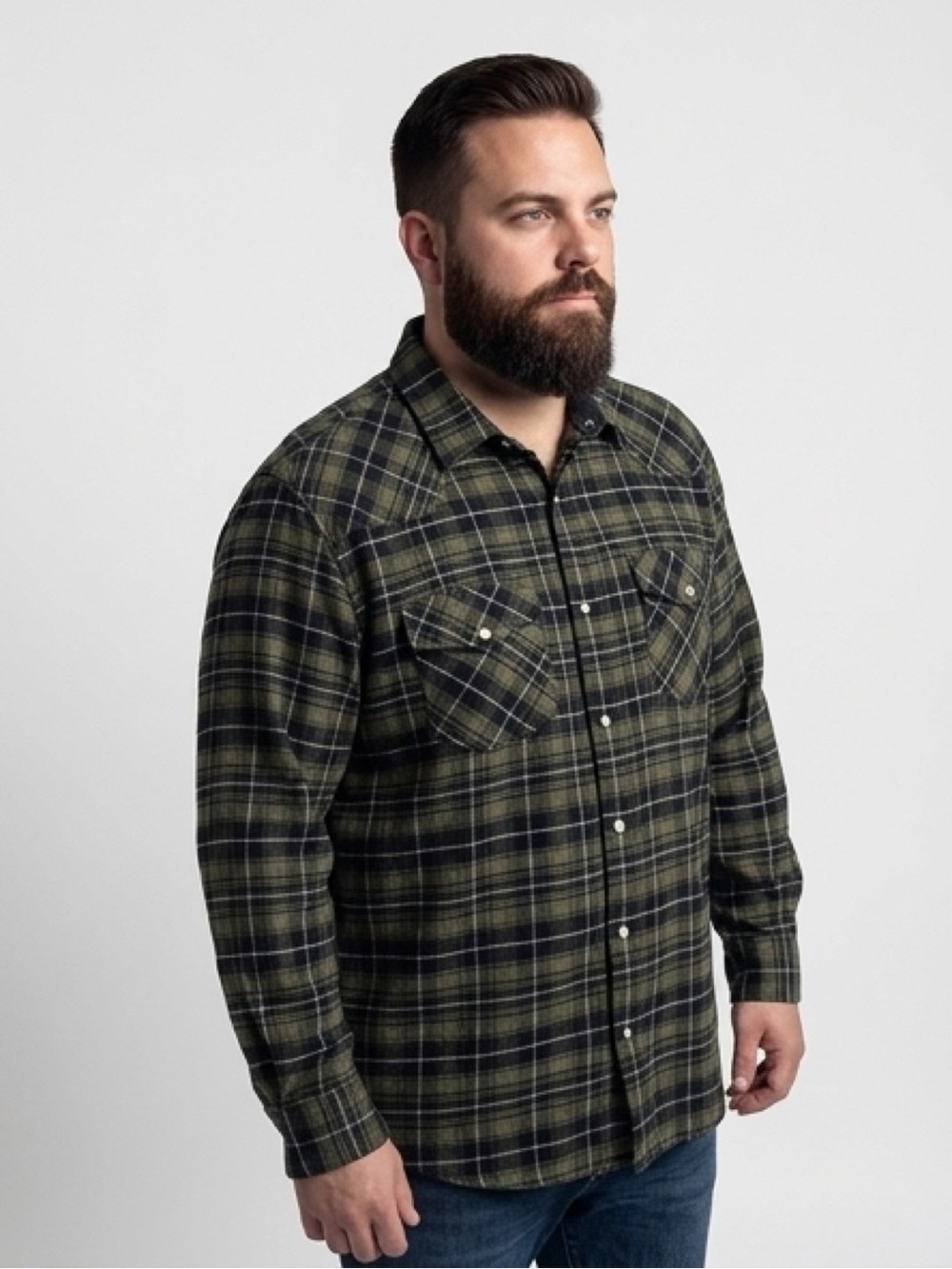 Plus Size‎ Men's Green Plaid Casual Button Down Long Sleeve Shirt Cotton Blend